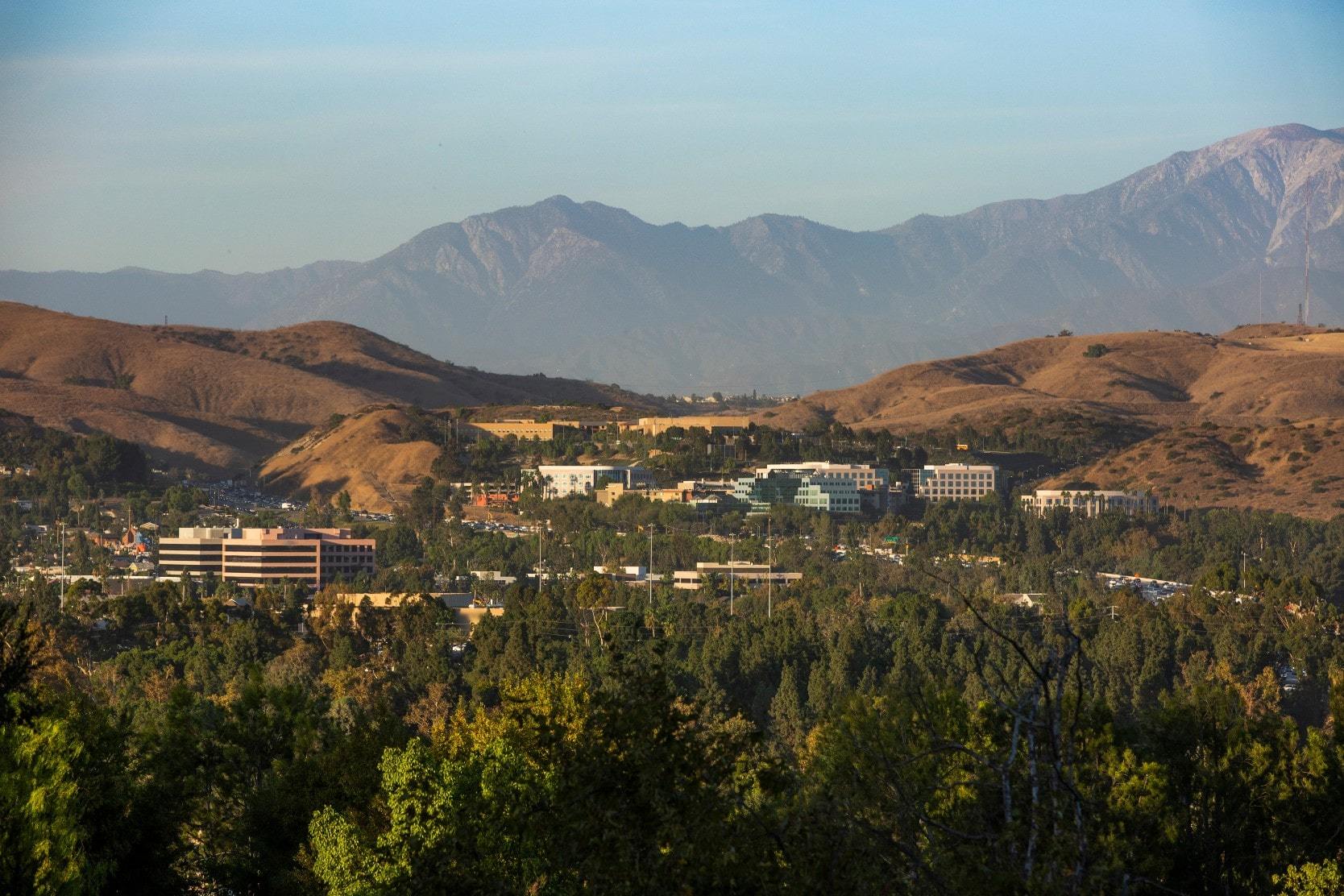 Aerial view of South Brea, California with mountains in the background